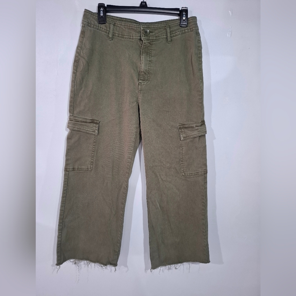 Oat New York Wide Leg Cargo Jeans Women’s 10/30 Green High Rise Stretch Denim